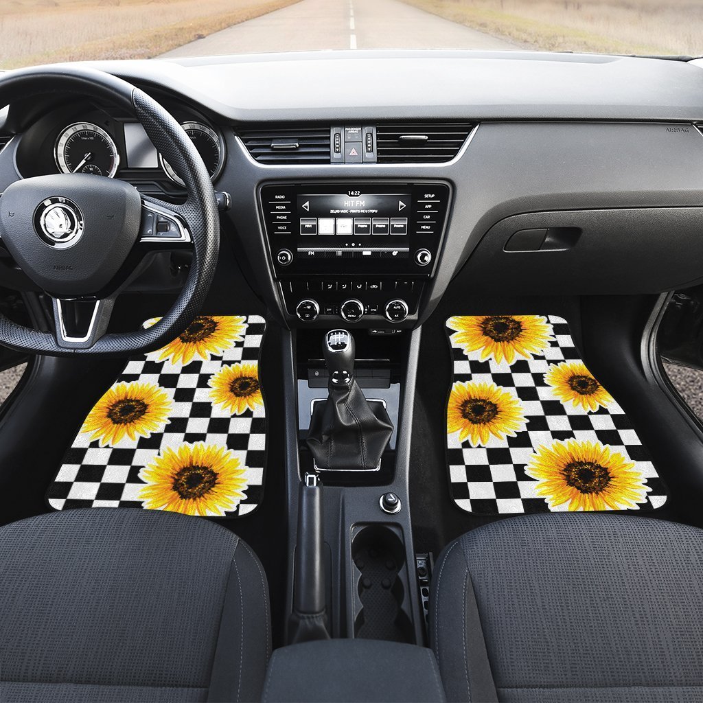 Checkerboard Sunflower Car Floor Mats Custom Car Interior Accessories